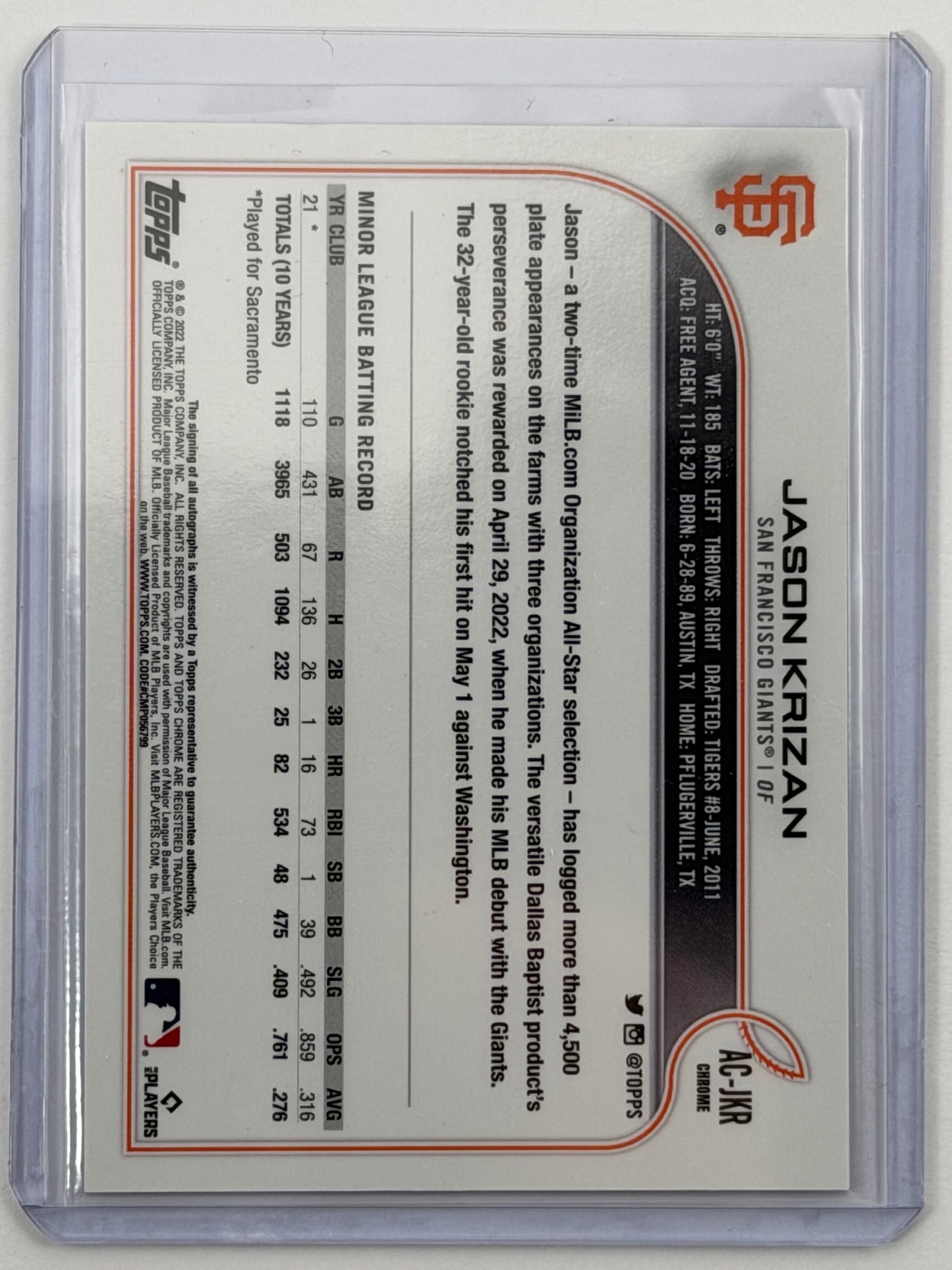2022 Topps Chrome Update Autographs - Jason Krizan Autograph #AC-JKR
