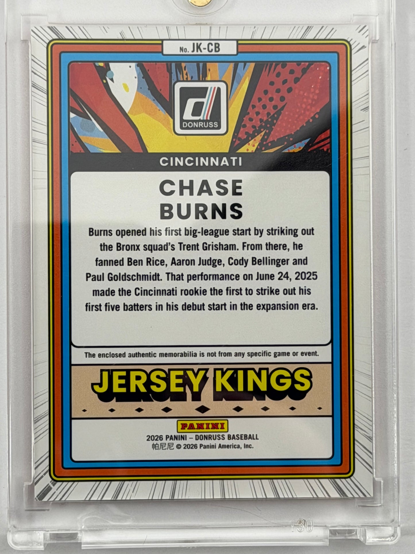 2026 Donruss Jersey Kings - Chase Burns Relic #JK-CB
