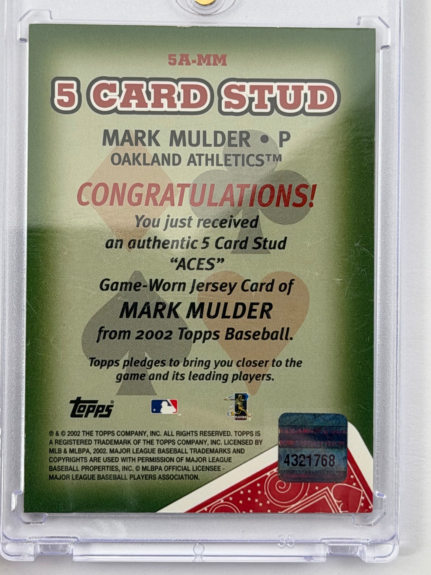 2002 Topps 5 Card Stud Aces Relic - Mark Mulder Relic #5A-MM