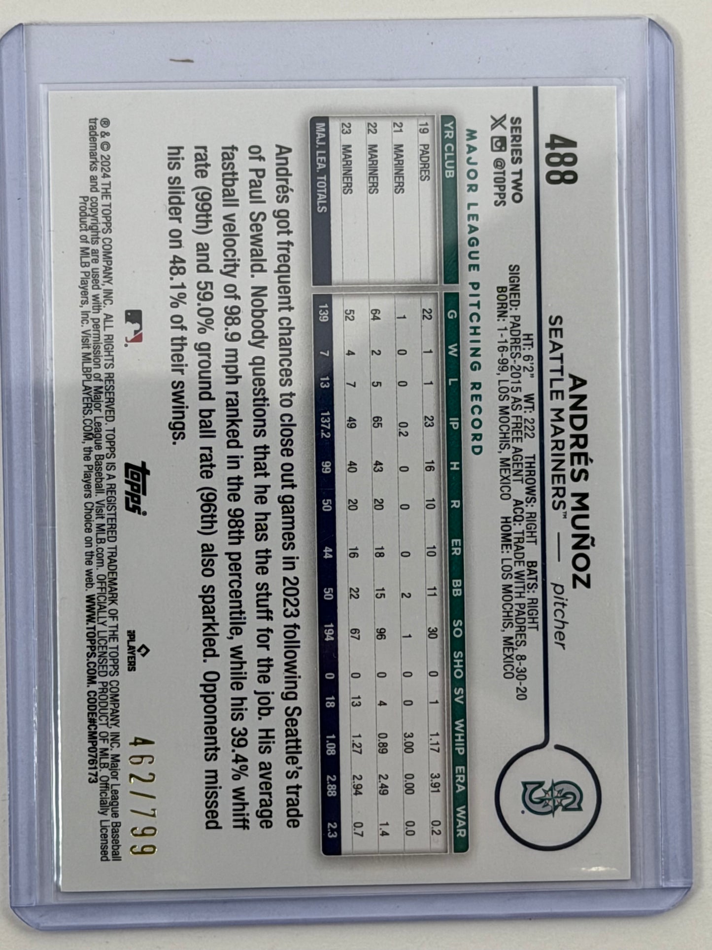 2024 Topps Base Set Series 2 - Andres Munoz Purple Foil /799 #488