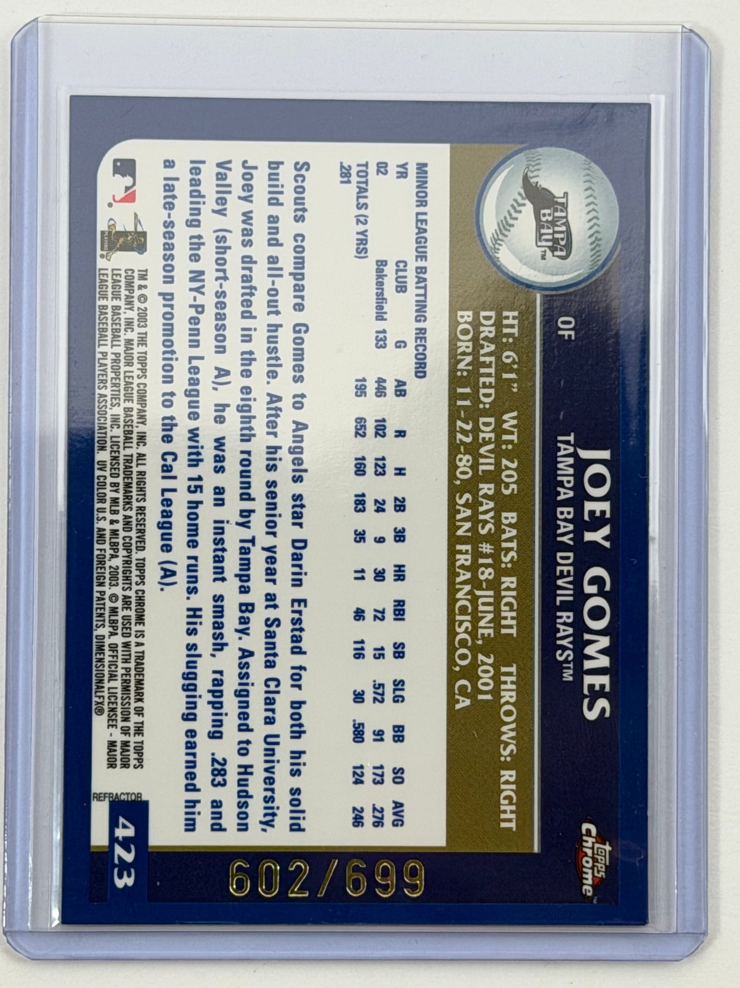 2003 Topps Chrome Joey Gomes - Refractor /699 #423