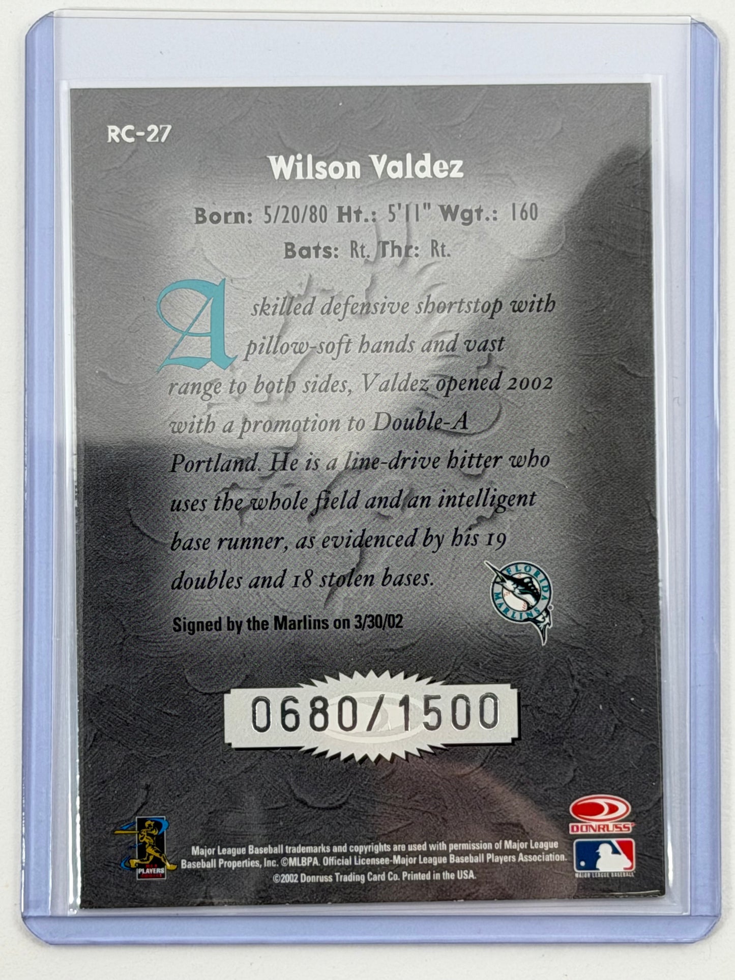 2002 Donruss The Rookies Crusade - Wilson Valdez /1500 #RC-27