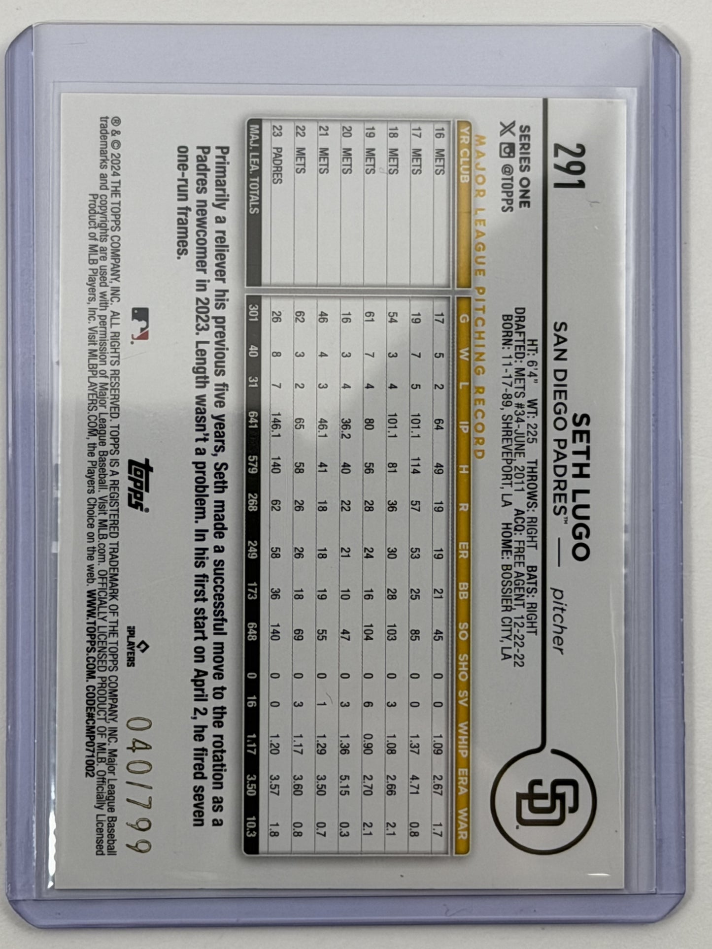 2024 Topps Series 1 - Seth Lugo Purple Holo Foil /799 #291