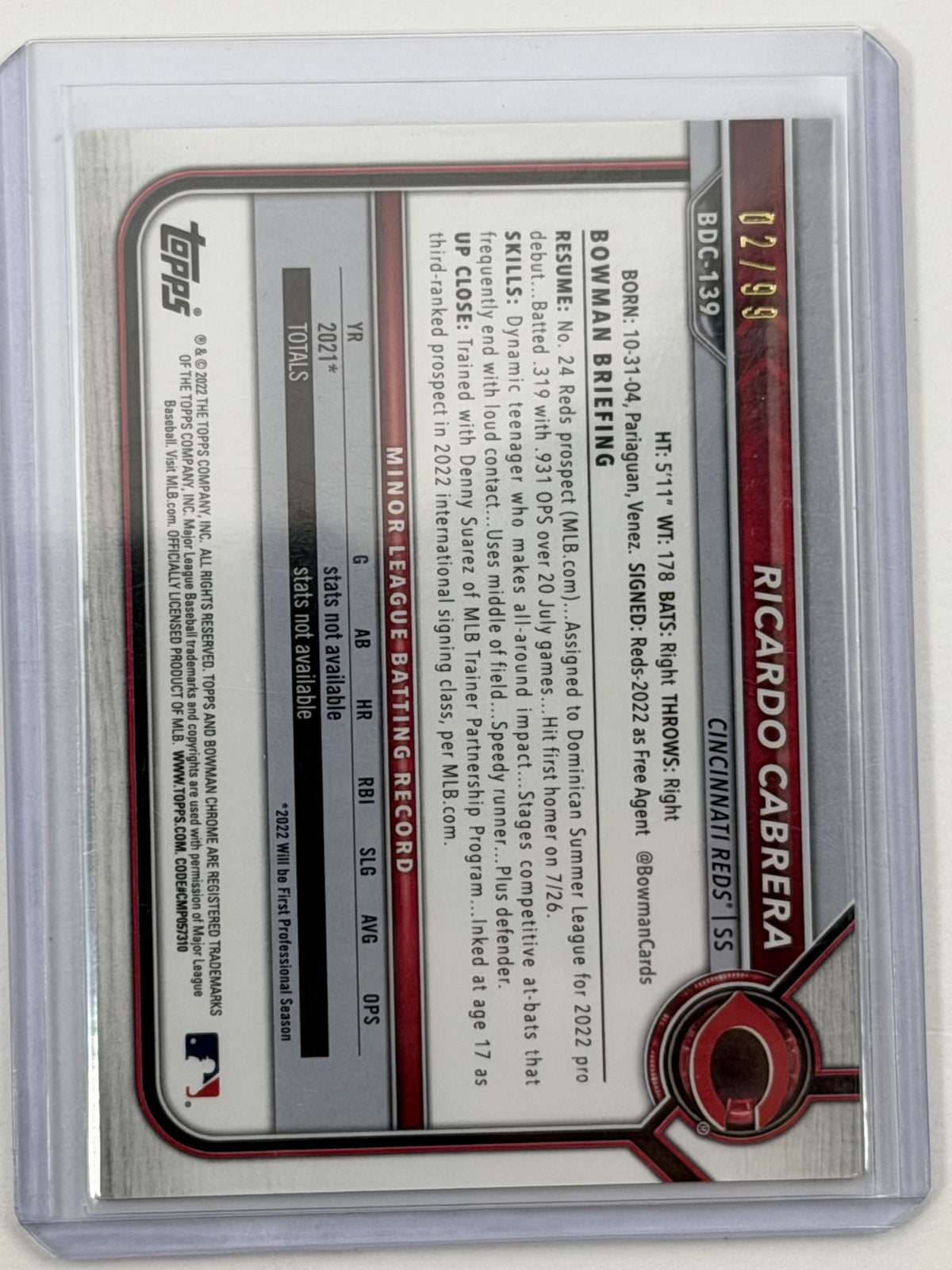 2022 Bowman Draft Chrome - Ricardo Cabrera Green Sparkle Refractor /99 #BDC-139