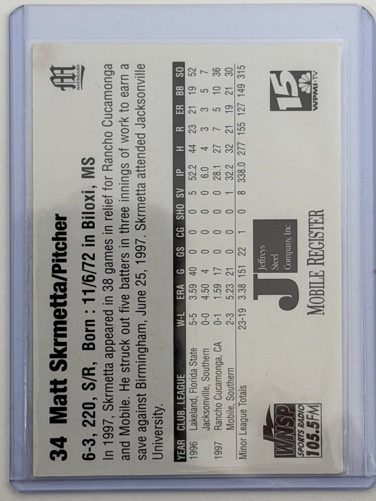 1998 Mobile Bay Bears Team Issue - Matt Skrmetta Autograph #34