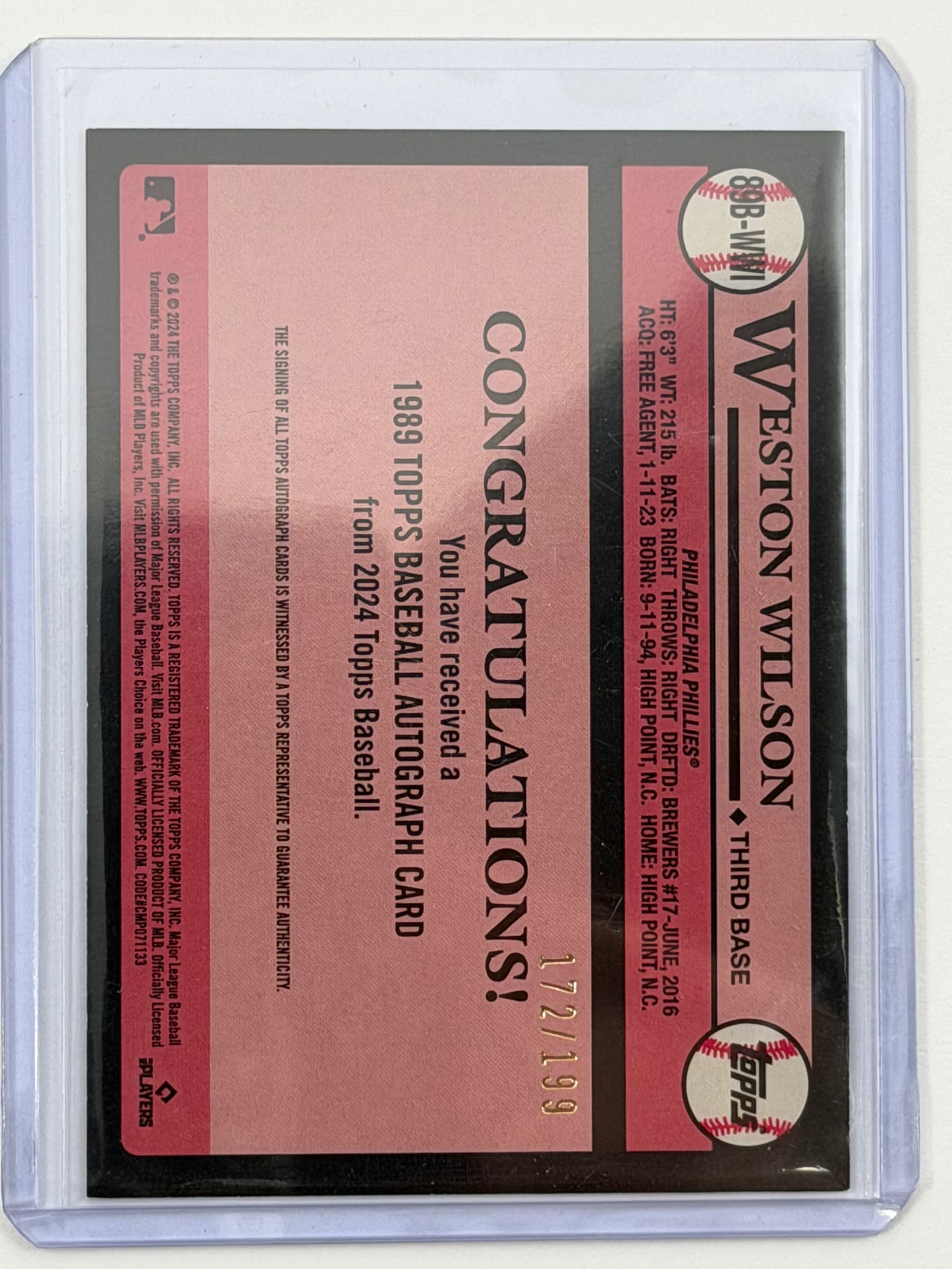 2024 Topps Update 1989 Topps Baseball Autographs - Weston Wilson Autograph Black /199 #89B-WWI