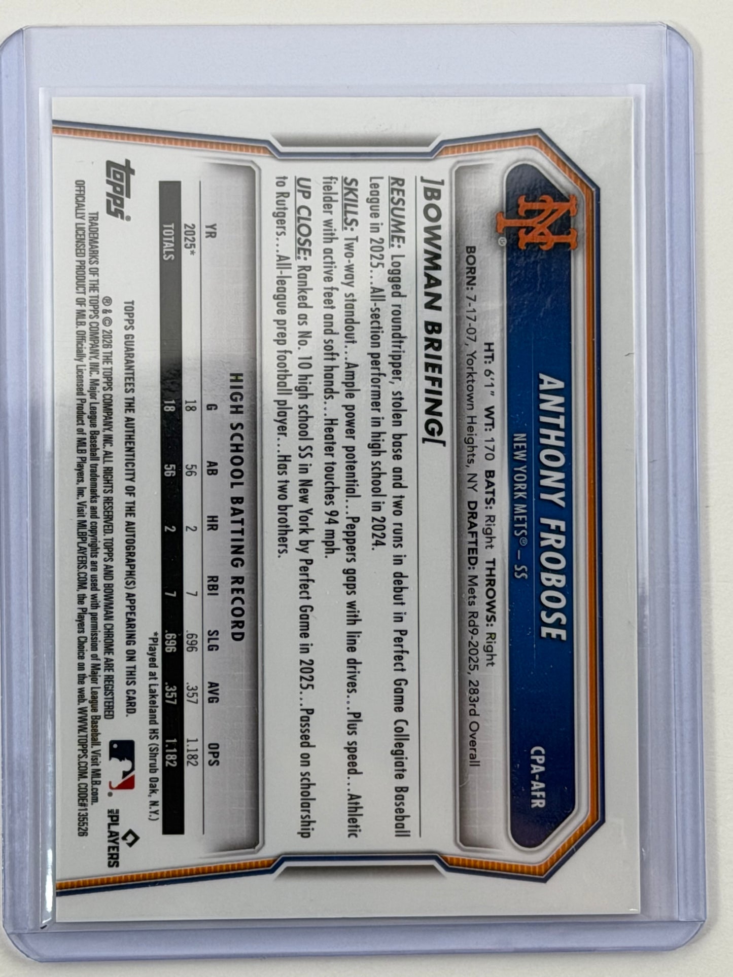 2026 Bowman Chrome Prospect Autographs - Anthony Frobose Autograph #CPA-AFR
