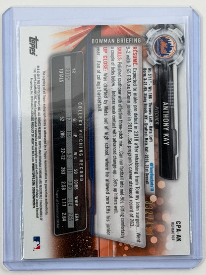 2017 Bowman Chrome Prospect Autographs - Anthony Kay Autograph Refractor /499 #CPA-AK