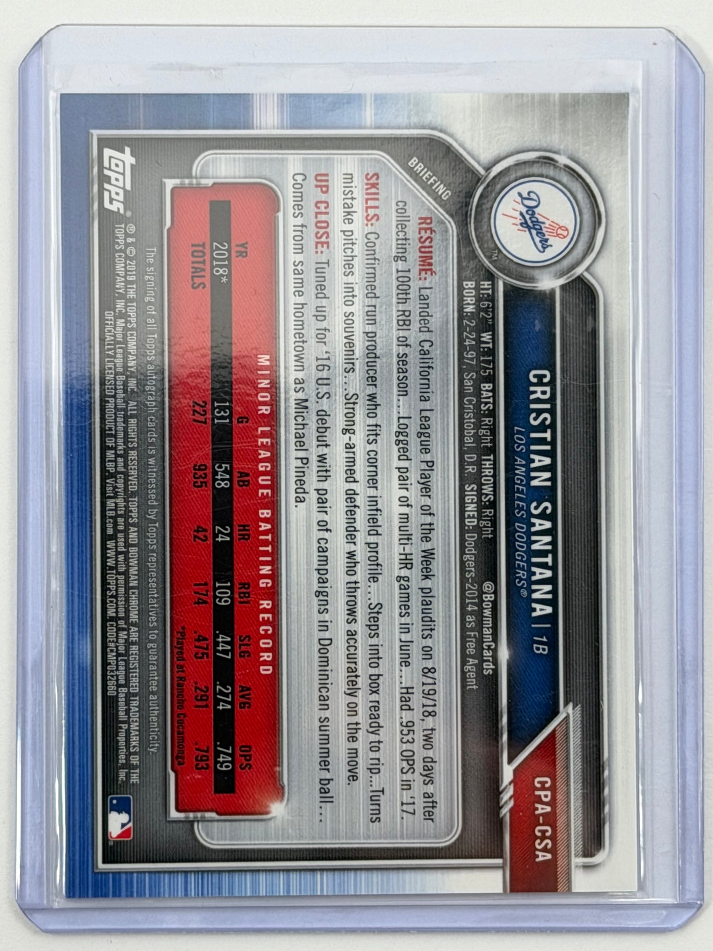 2019 Bowman Chrome Prospect Autographs - Cristian Santana Autograph #CPA-CSA