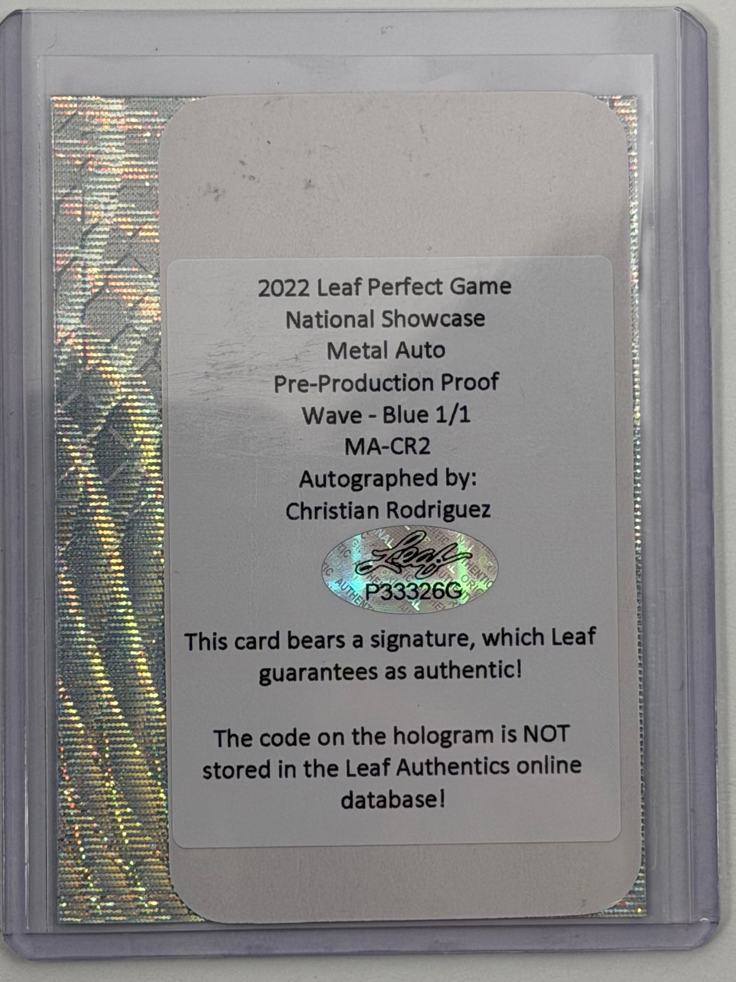 2022 Leaf Perfect Game National Showcase Metal Auto Pre-Production Proof - Christian Rodriguez Autograph Wave Blue 1/1 #MA-CR2