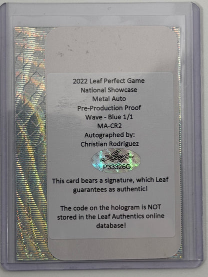 2022 Leaf Perfect Game National Showcase Metal Auto Pre-Production Proof - Christian Rodriguez Autograph Wave Blue 1/1 #MA-CR2