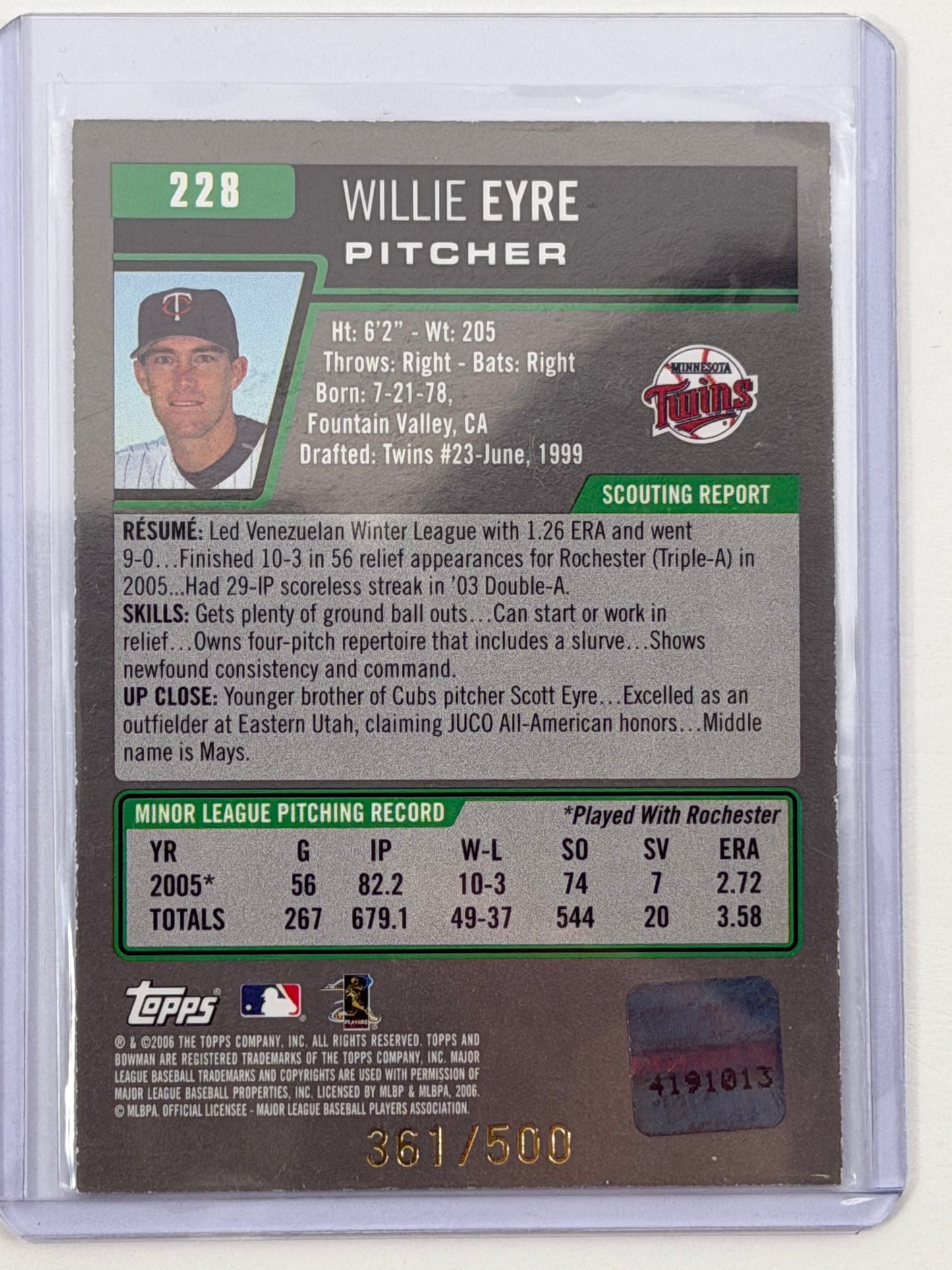 2006 Bowman - Willie Eyre Autograph Blue /500 #228