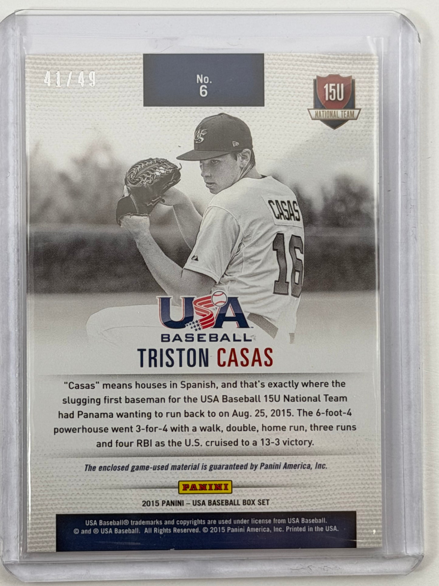 2015 Panini USA Baseball Jumbo Jersey - Triston Casas Relic /49 #6