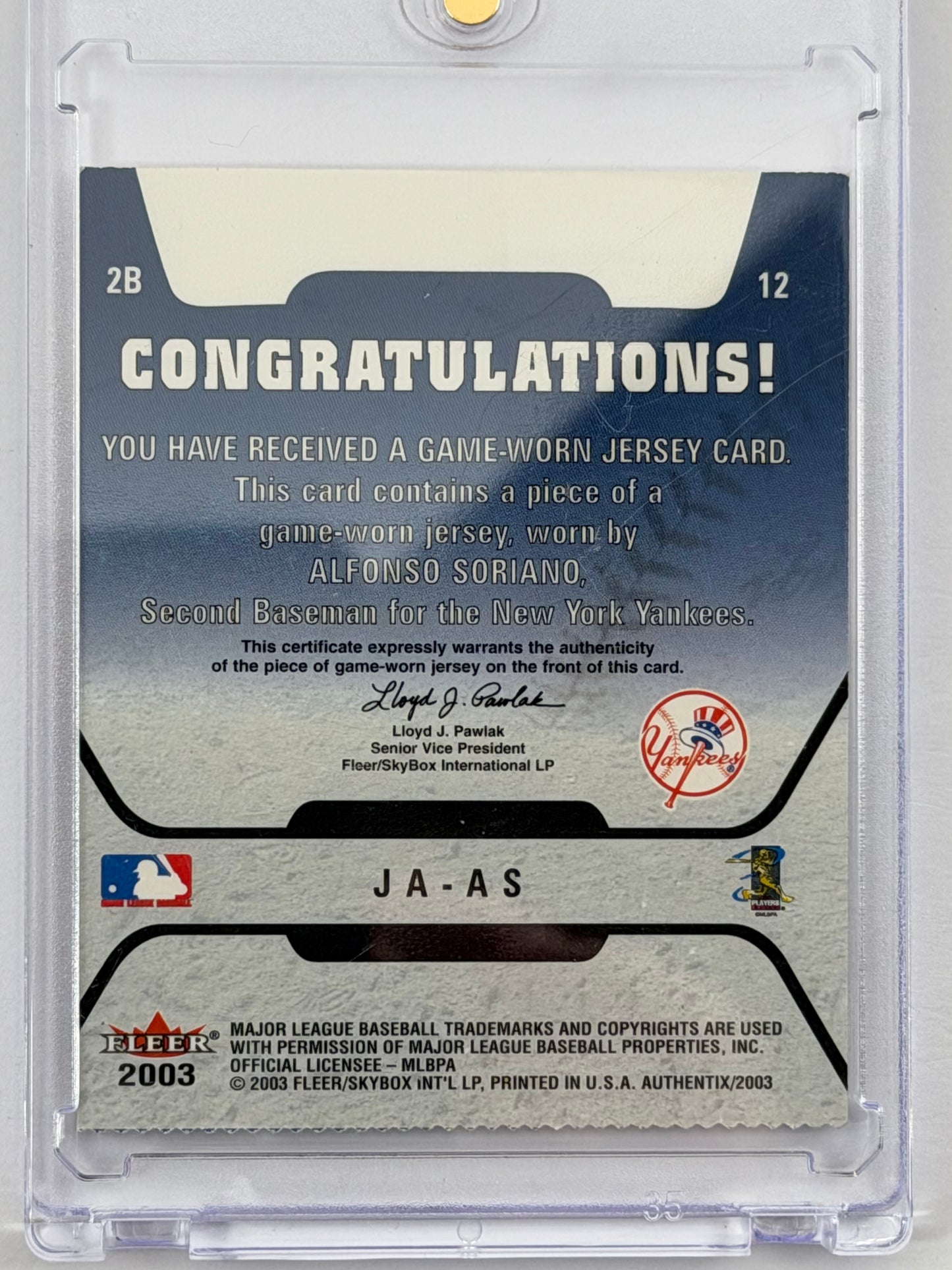 2003 Fleer Authentix Game Jersey - Alfonso Soriano Relic #JA-AS