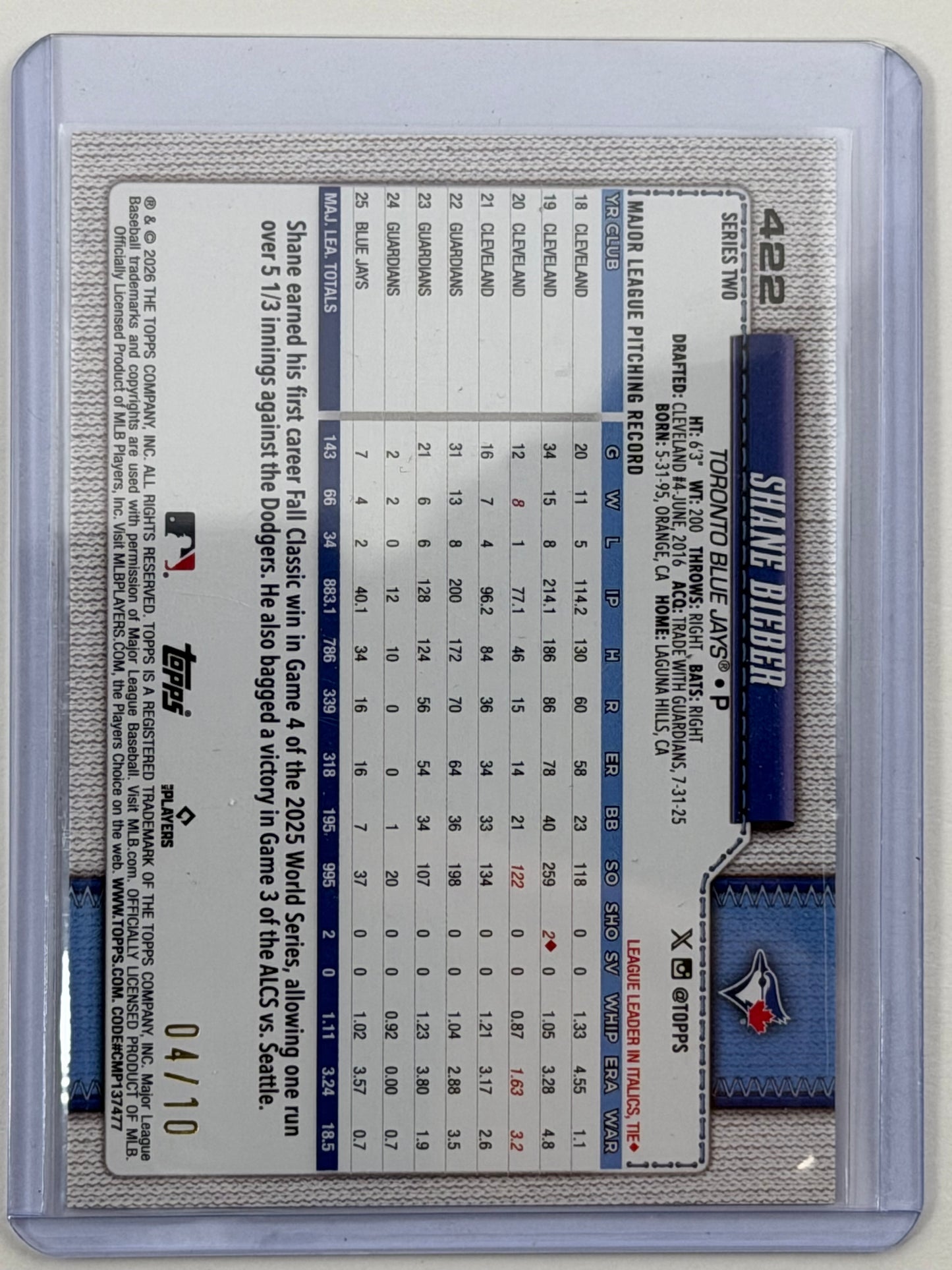 2026 Topps - Shane Bieber Black Diamante Foil /10 #422