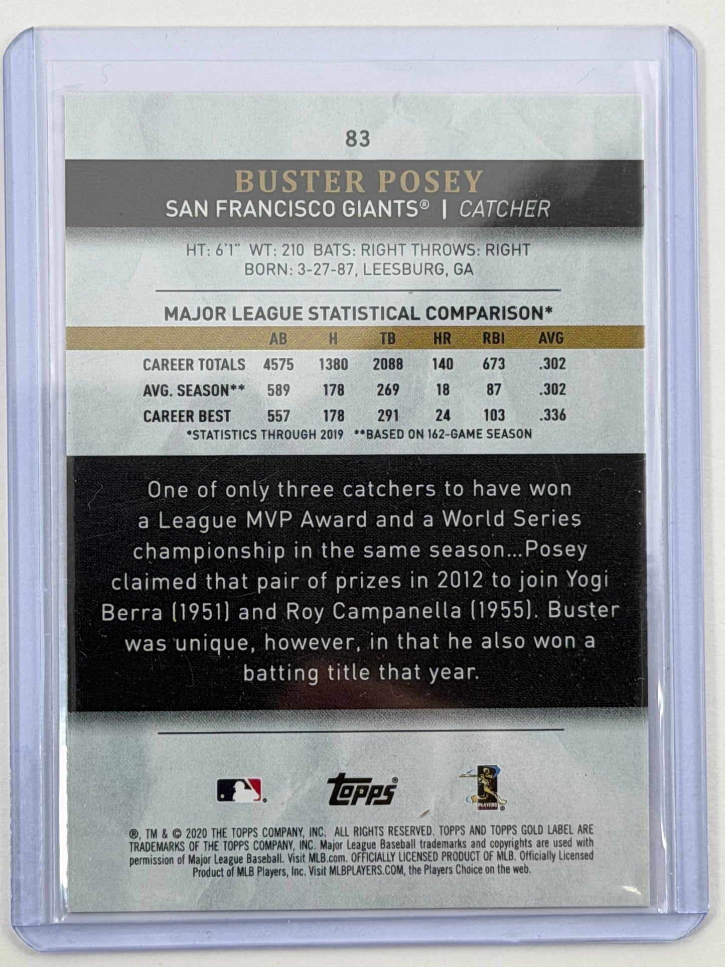 2020 Topps Gold Label - Buster Posey Class 1 Red /75 #83
