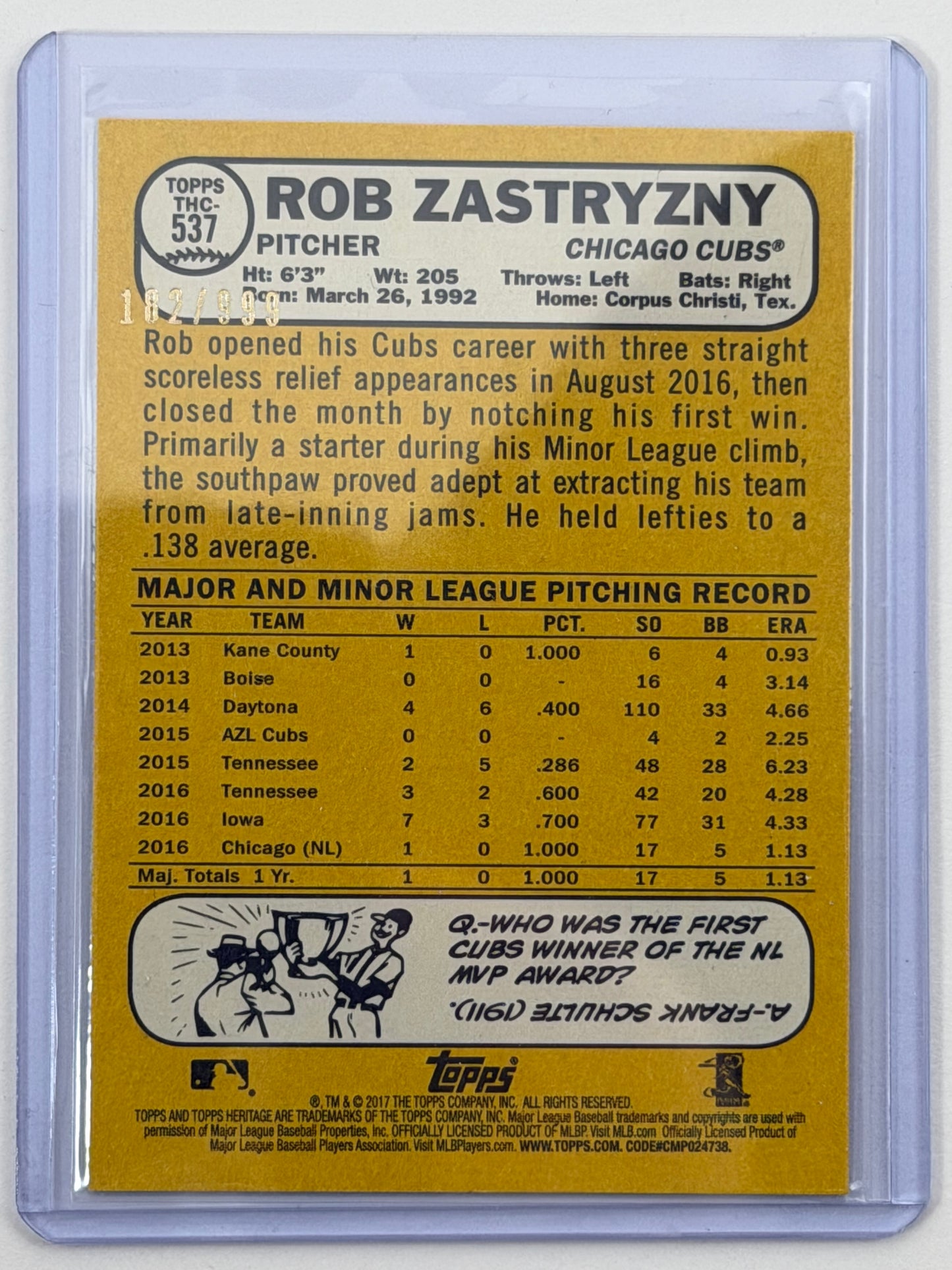 2017 Topps Heritage - Rob Zastryzny Chrome /999 #537