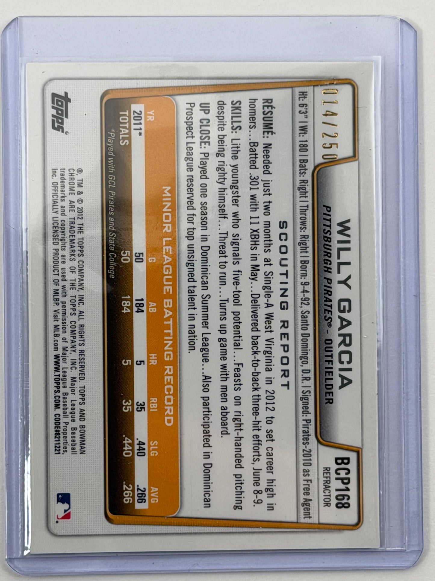 2012 Bowman Chrome Prospects - Willy Garcia Blue Refractor /250 #BCP168
