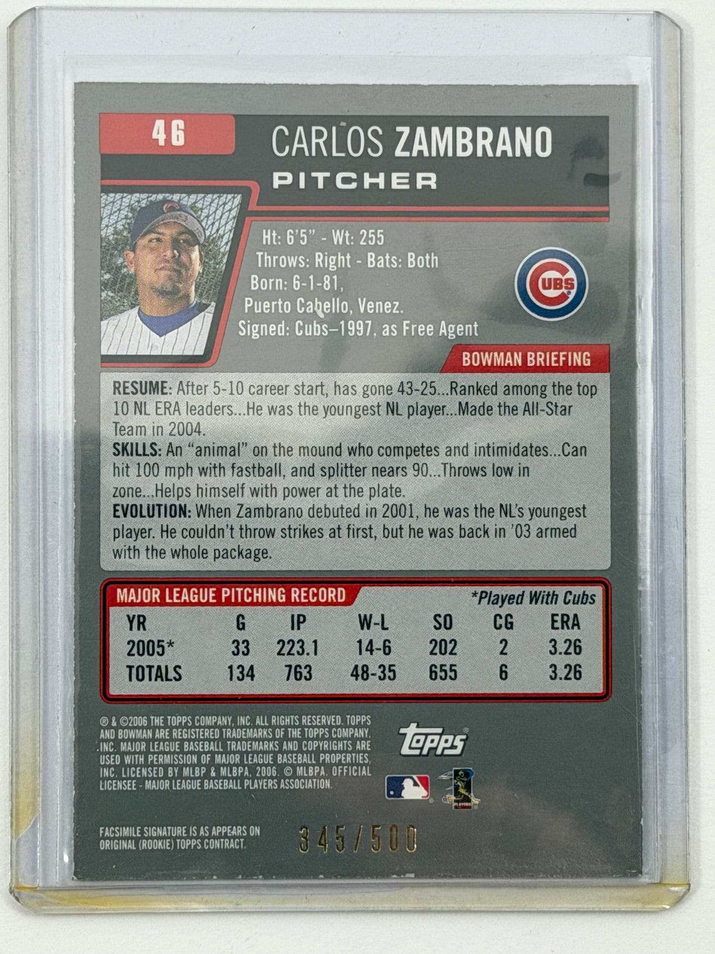 2006 Bowman - Carlos Zambrano Blue /500 #46