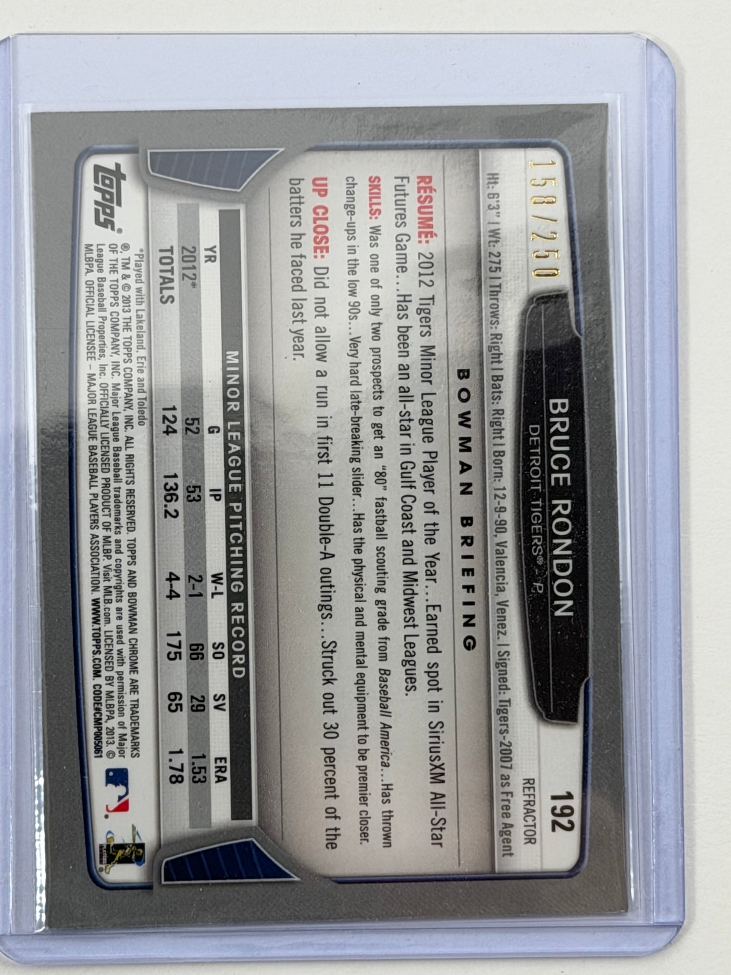 2013 Bowman Chrome - Bruce Rondon Blue Refractor /250 #192