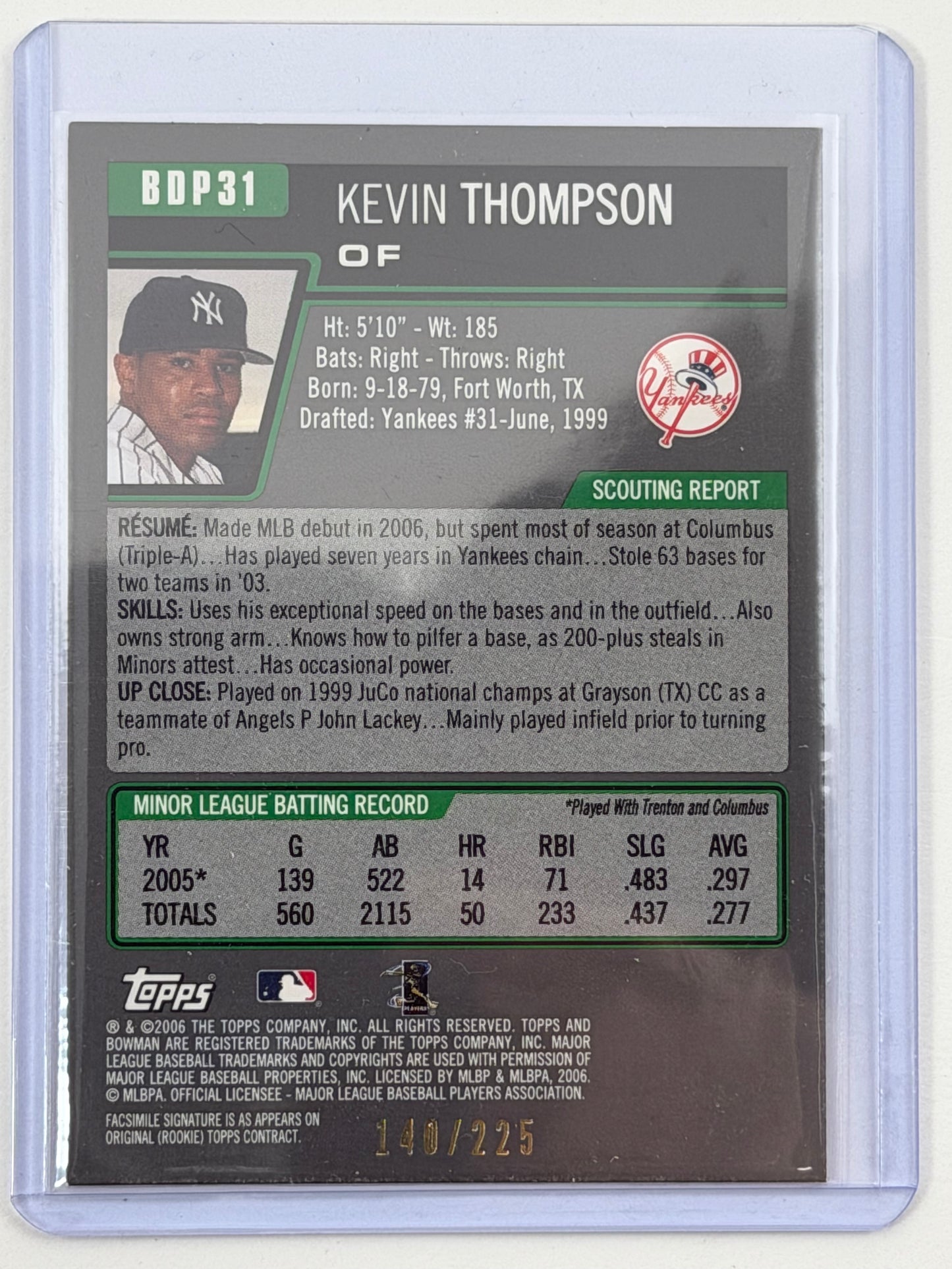 2006 Bowman Draft Picks & Prospects - Kevin Thompson White /225 #BDP31