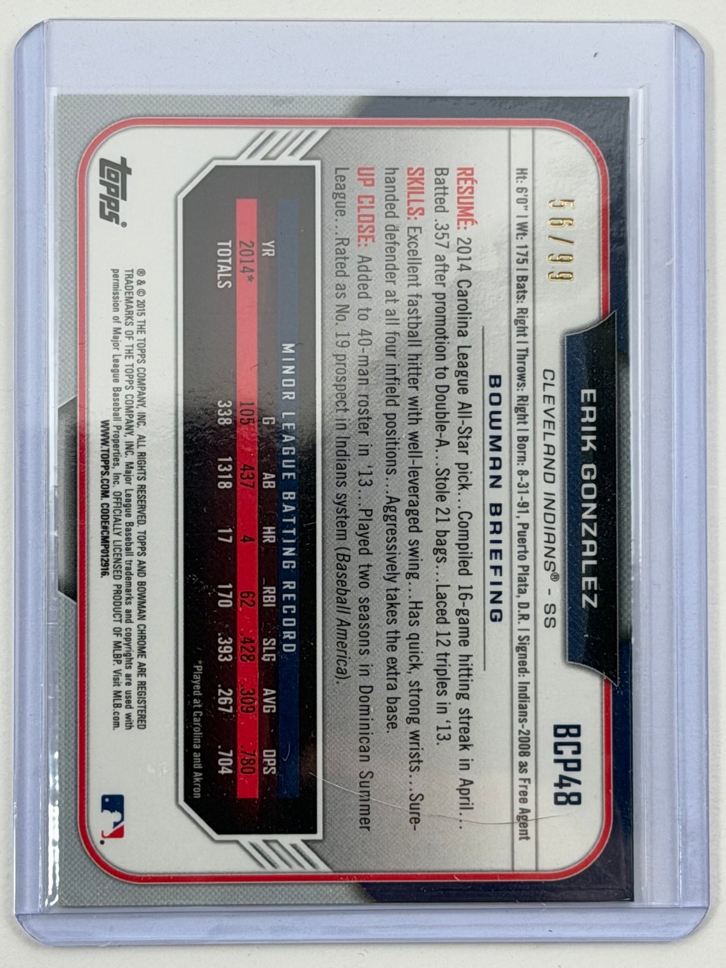 2015 Bowman Chrome Prospects - Erik Gonzalez Green Refractor /99 #BCP48
