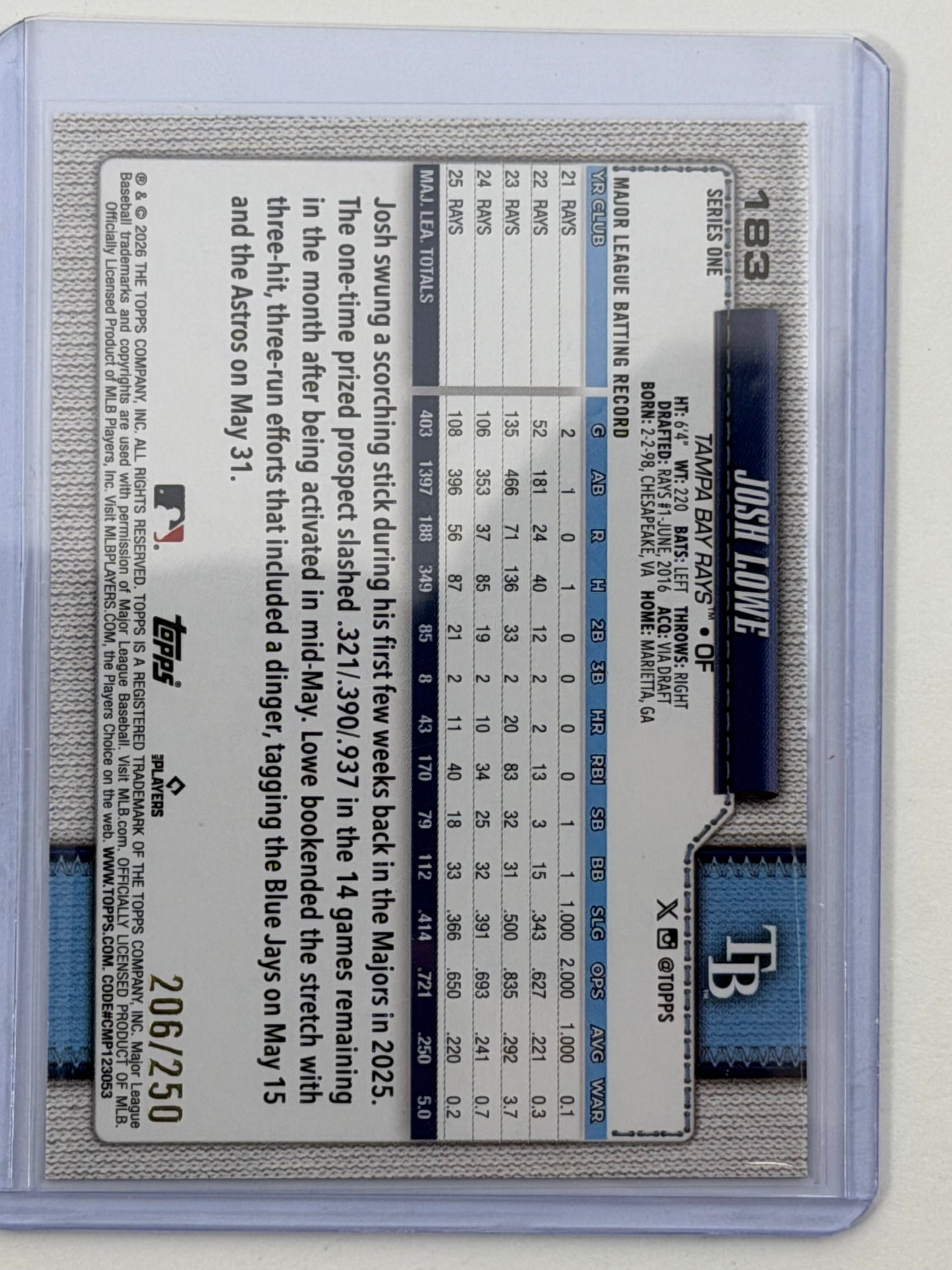 2026 Topps - Josh Lowe Purple Holo Foil /250 #183