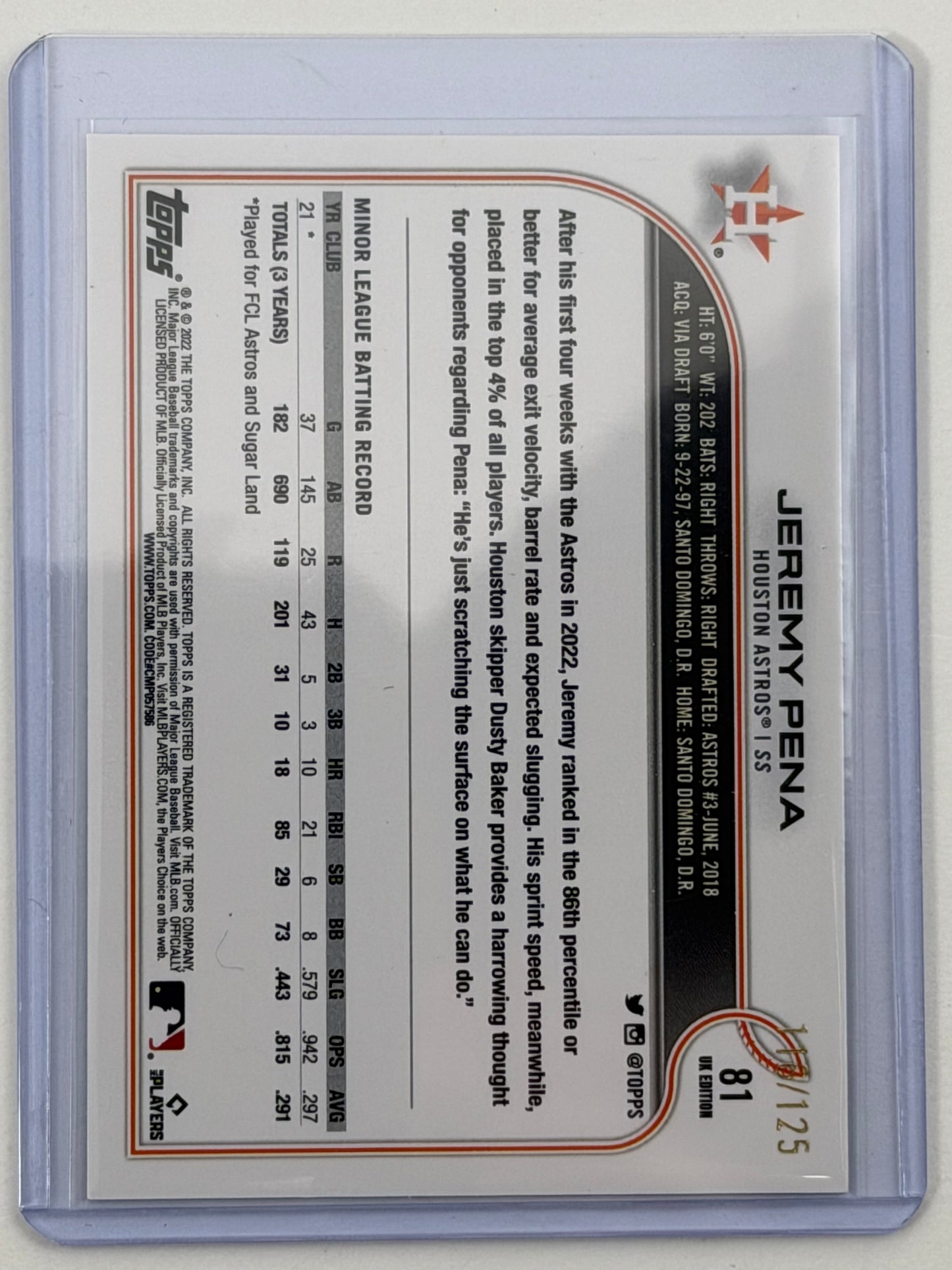 2022 Topps UK - Jeremy Pena Black /125 #81