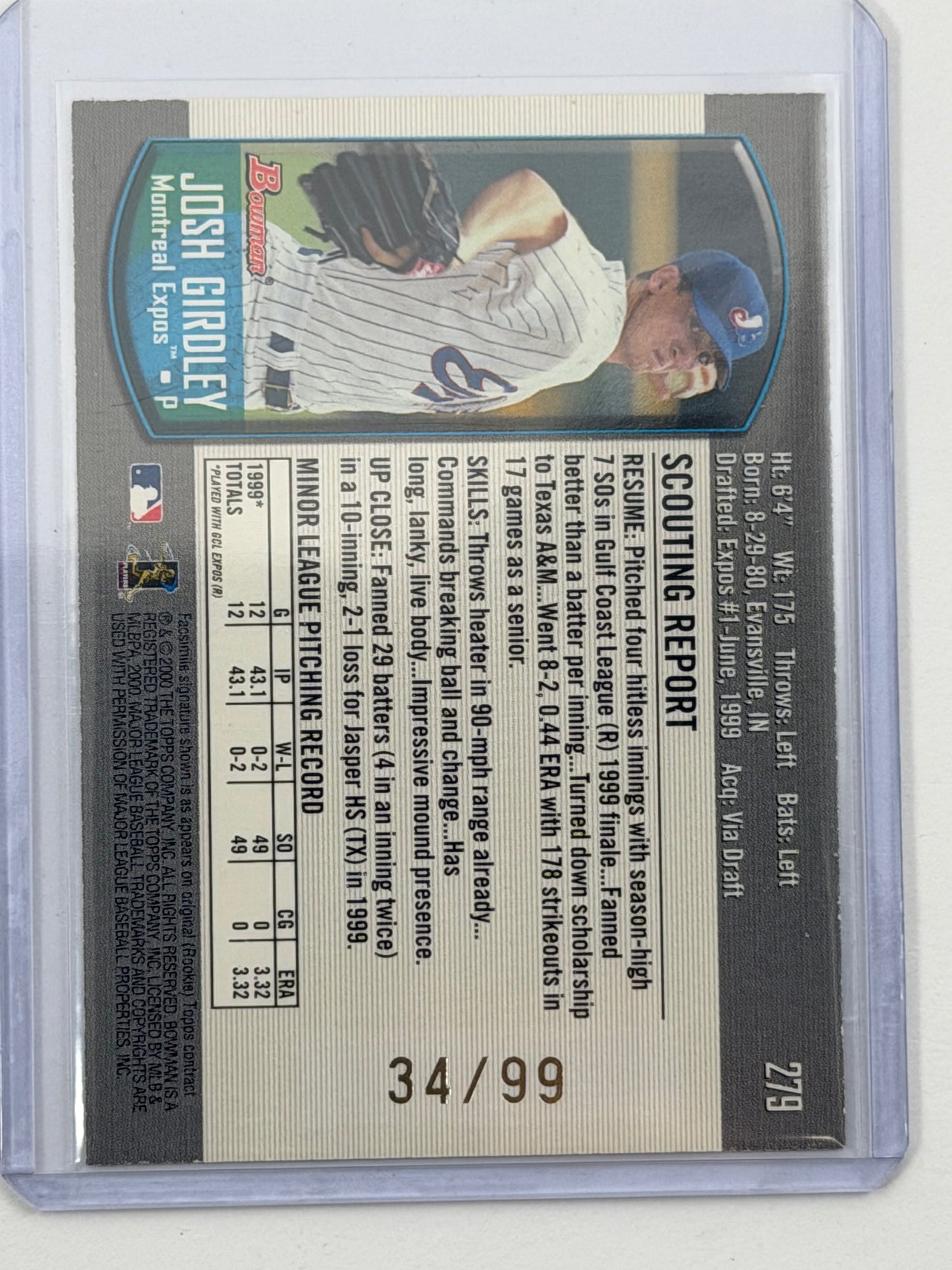 2000 Bowman - Josh Girdley Gold /99 #279
