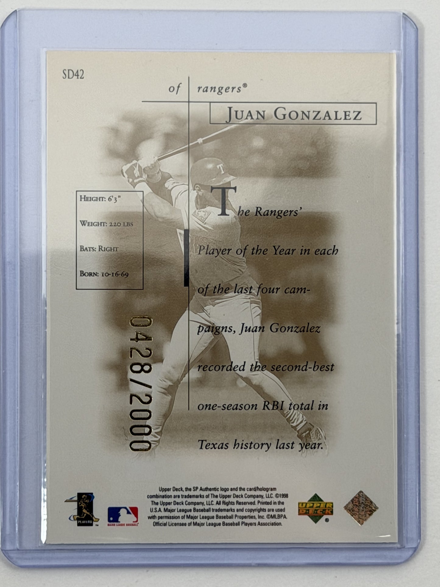 1998 SP Authentic Sheer Dominance - Juan Gonzalez /2000 #SD42