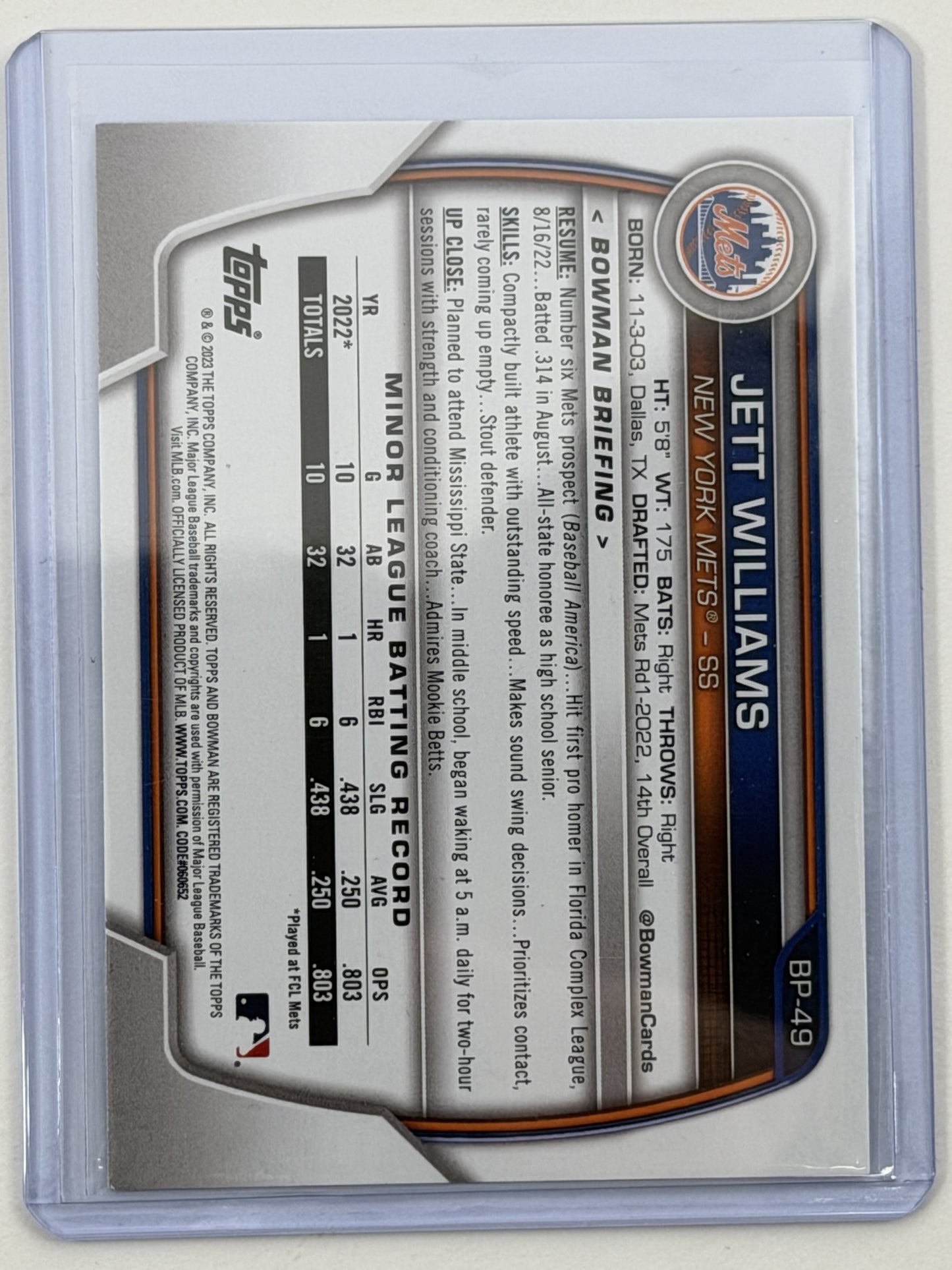 2023 Bowman Prospects - Jett Williams Blue /150 #BP-49