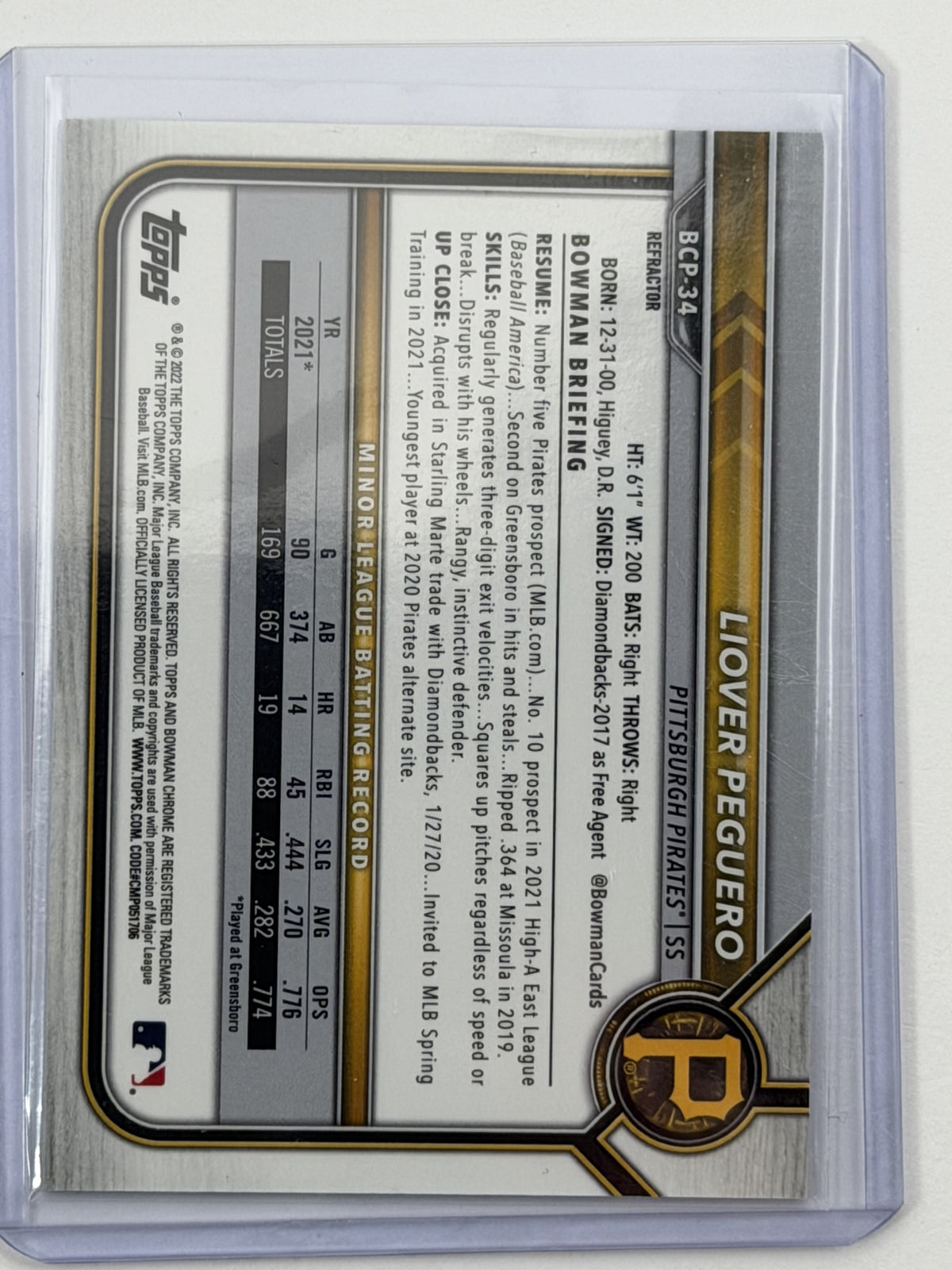2022 Bowman Chrome Prospects - Liover Peguero Refractor /499 #BCP-34